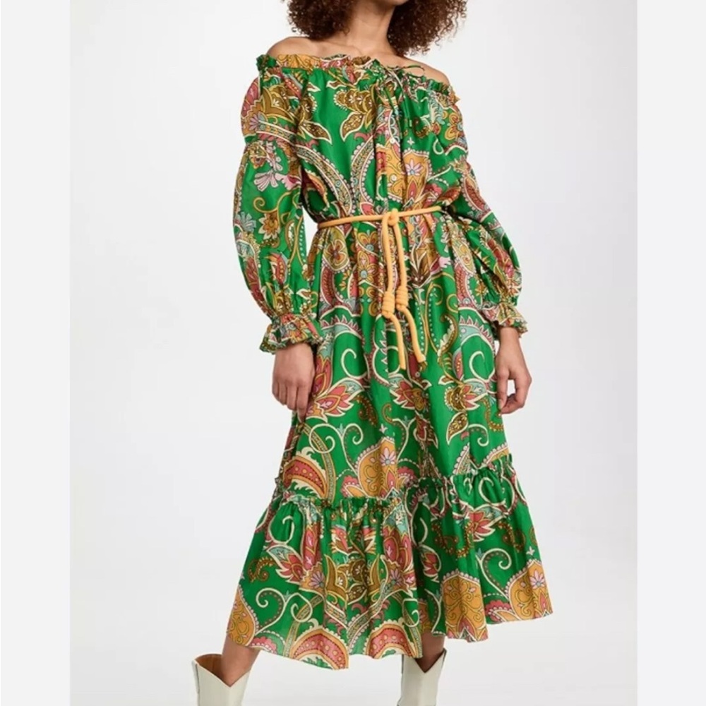 Alemais Green and Yellow Off-Shoulder Midi Dress with Bishop Sleeves